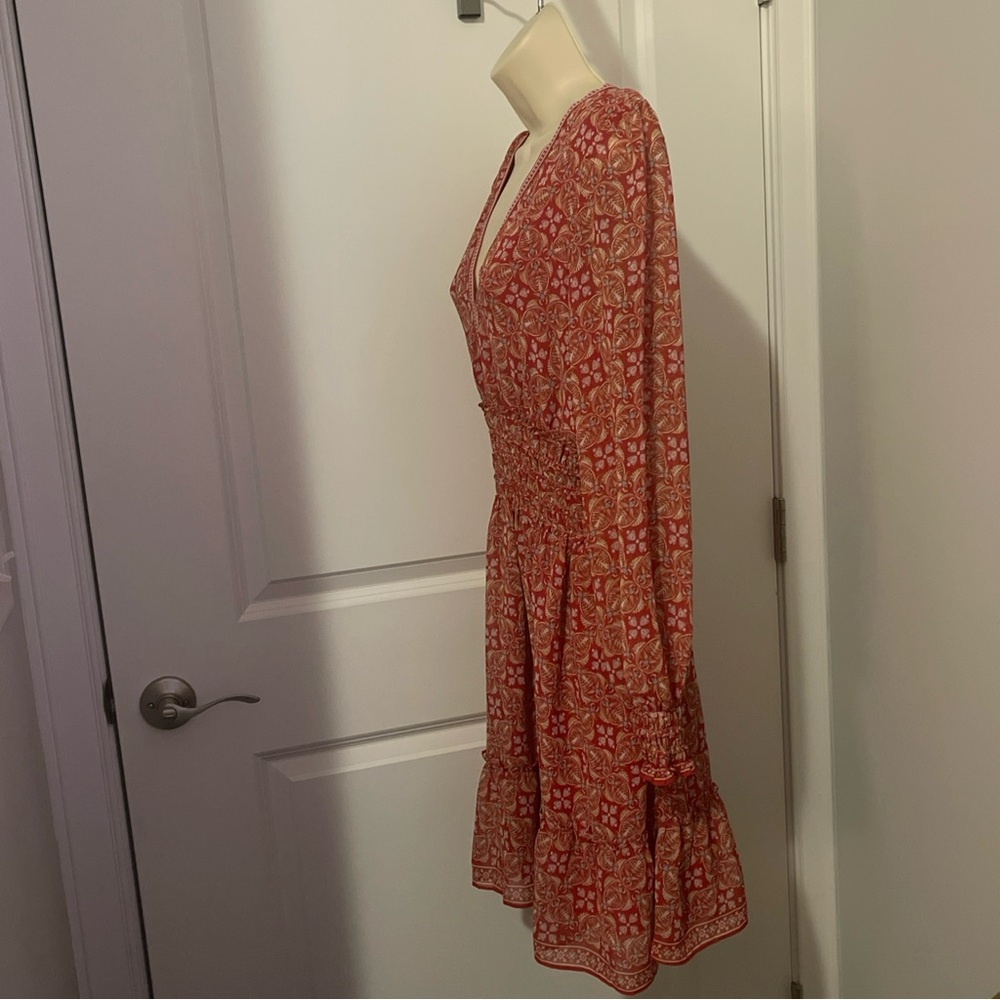 Max Studio London Women's L  Red Boho Paisley Smocked Ruffle dresses - Picture 2 of 15